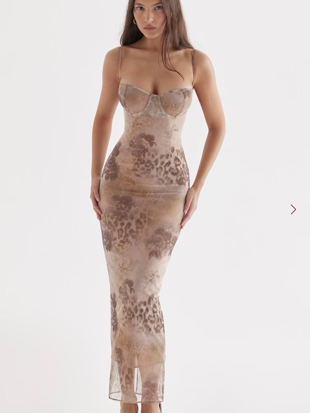 House of CB Taupe-Neutral Sheer Leopard Floral Maxi Dress